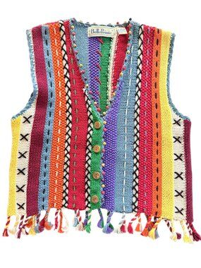 VTG BellePointe Rainbow Patchwork Knit Vest S Tassel Fringe 70s Vibe Grannycore